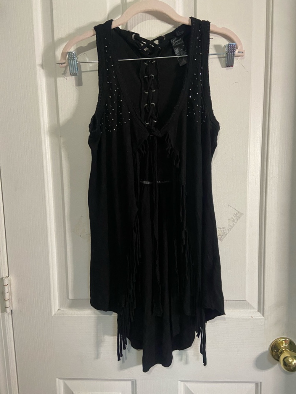 Vintage Guess Black Lace-Up Fringe cardigan with Stud Accents